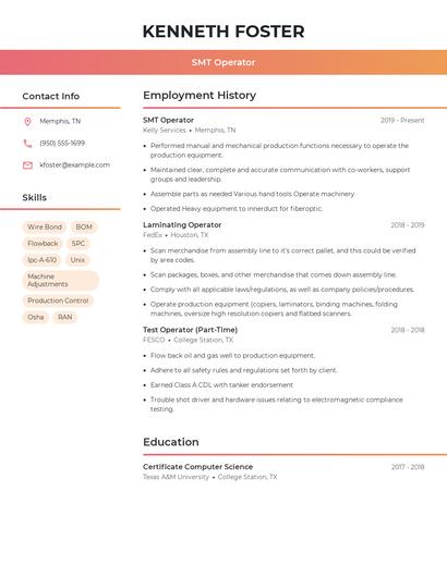 SMT Operator Resume