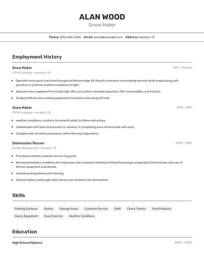 Snow Maker Resume