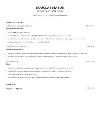 Snowboard Instructor Resume