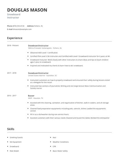 Snowboard Instructor Resume
