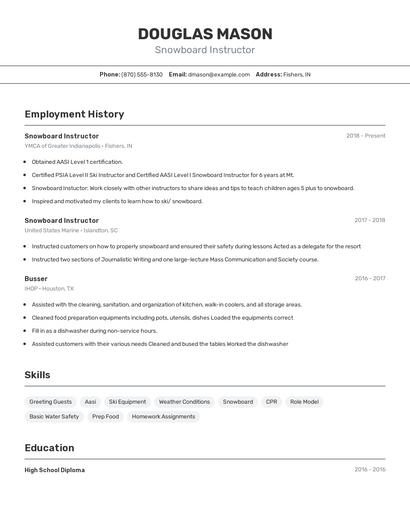 Snowboard Instructor Resume
