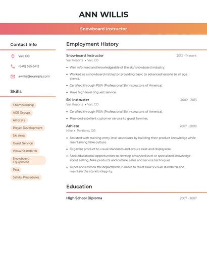 Snowboard Instructor Resume