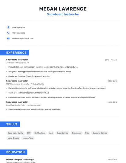 Snowboard Instructor Resume