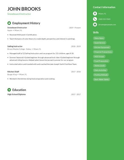 Snowboard Instructor Resume