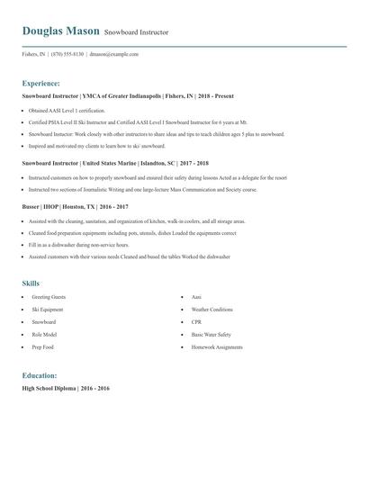 Snowboard Instructor Resume