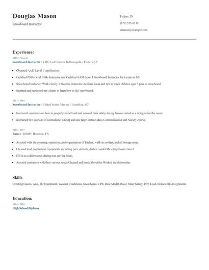 Snowboard Instructor Resume