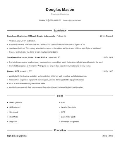 Snowboard Instructor Resume