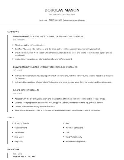 Snowboard Instructor Resume