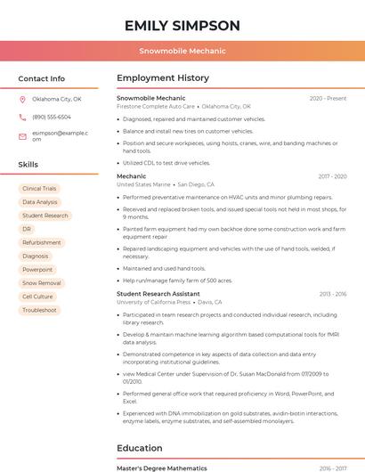 Snowmobile Mechanic Resume