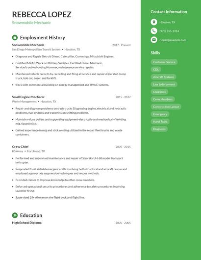 Snowmobile Mechanic Resume