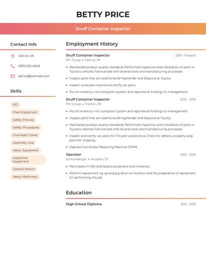 Snuff Container Inspector Resume