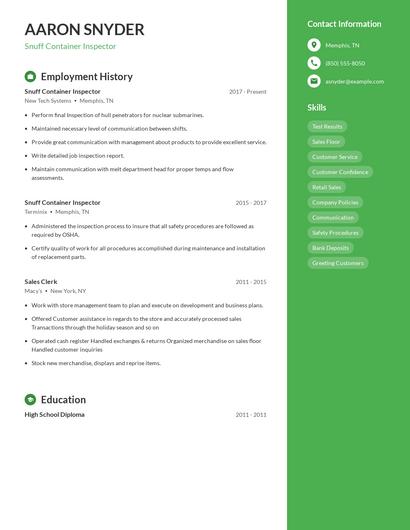 Snuff Container Inspector Resume