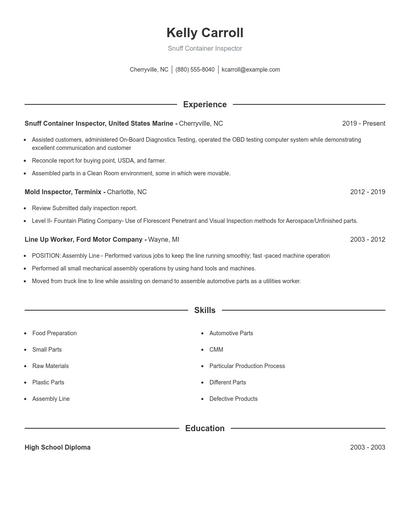 Snuff Container Inspector Resume