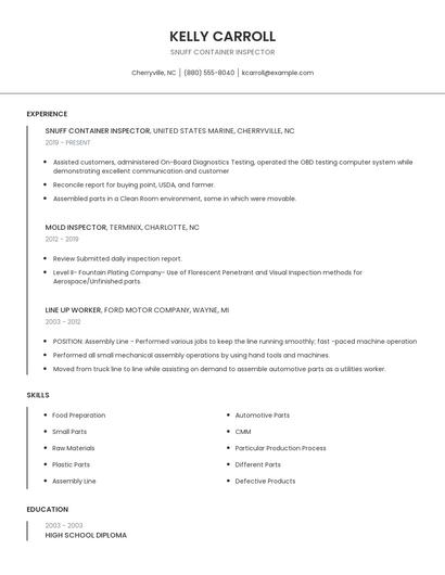 Snuff Container Inspector Resume