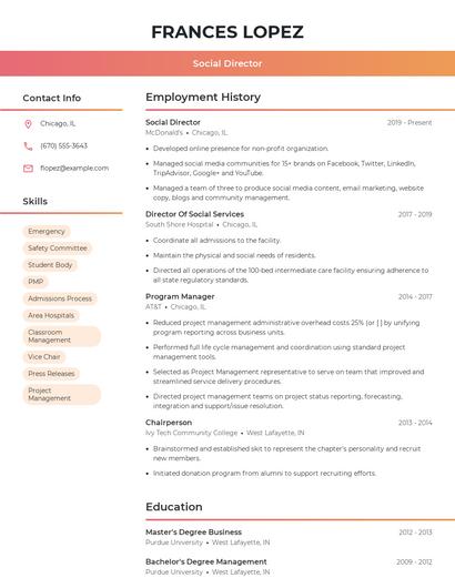 Social Director Resume