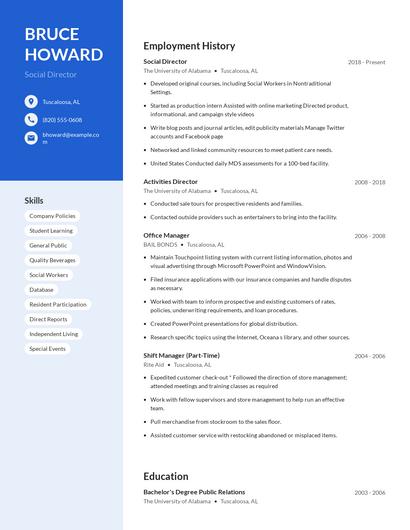 Social Director Resume