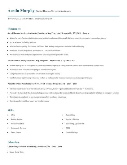 Social Human Services Assistants Resume