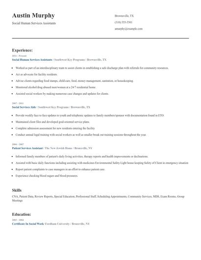 Social Human Services Assistants Resume
