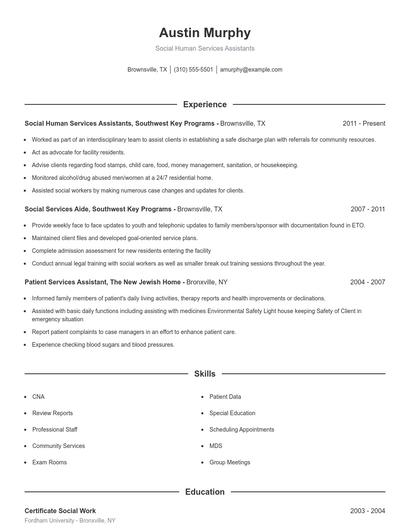 Social Human Services Assistants Resume
