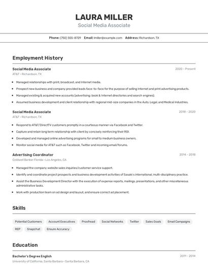 Social Media Associate Resume