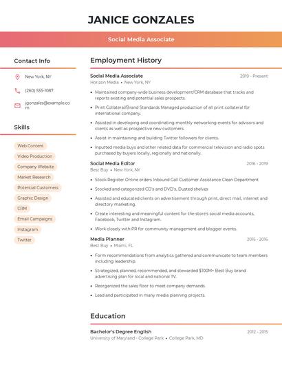 Social Media Associate Resume