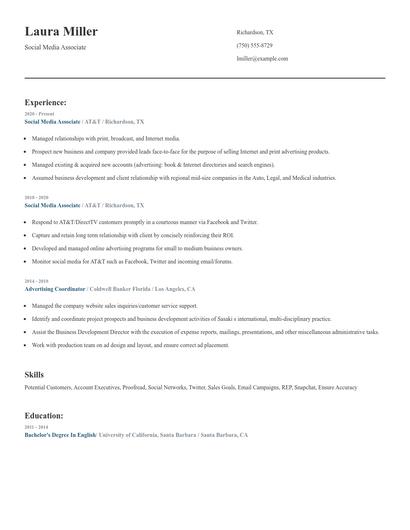 Social Media Associate Resume