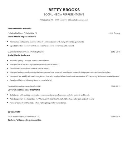 Social Media Representative Resume