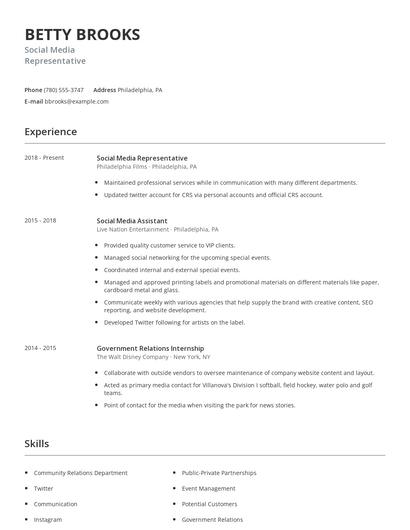 Social Media Representative Resume