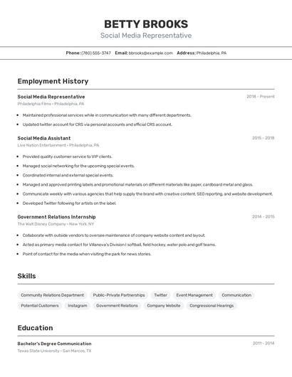 Social Media Representative Resume