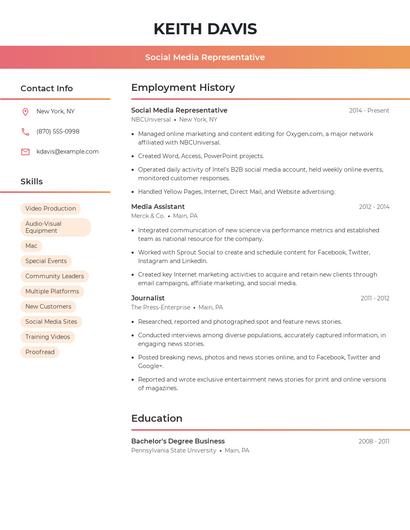 Social Media Representative Resume