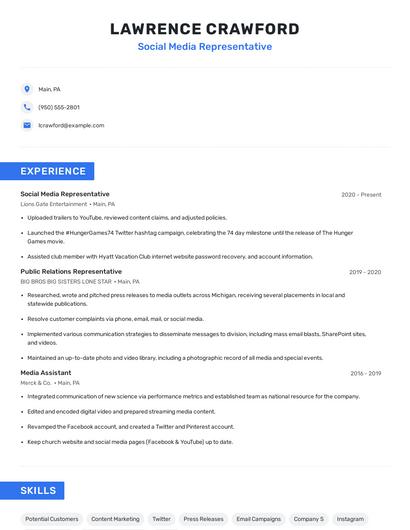 Social Media Representative Resume
