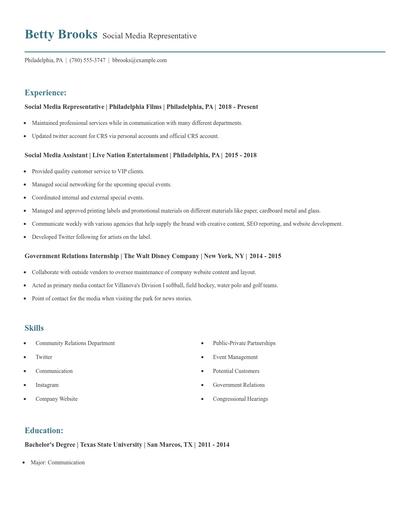 Social Media Representative Resume