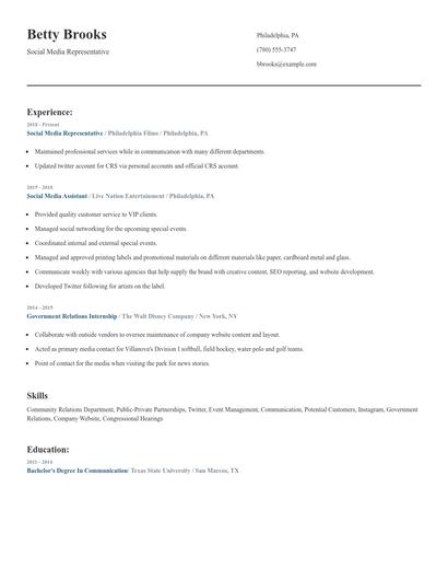 Social Media Representative Resume