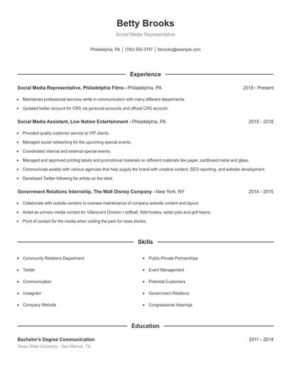Social Media Representative Resume