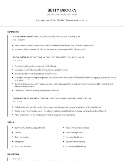 Social Media Representative Resume