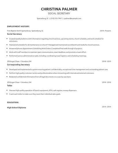 Social Secretary Resume