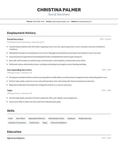 Social Secretary Resume
