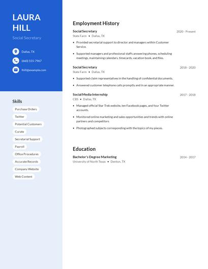 Social Secretary Resume