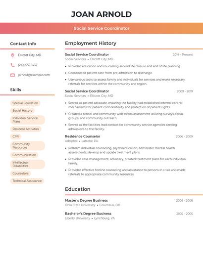 Social Service Coordinator Resume