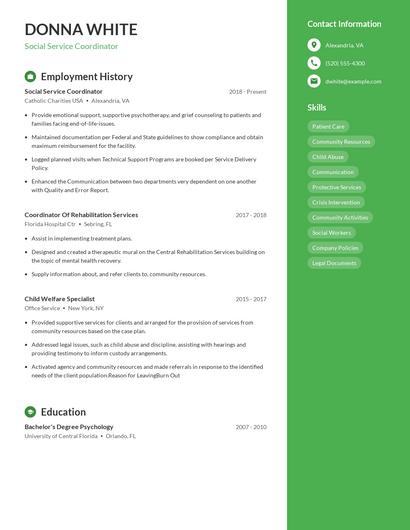 Social Service Coordinator Resume