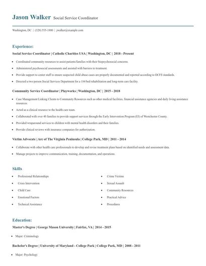 Social Service Coordinator Resume
