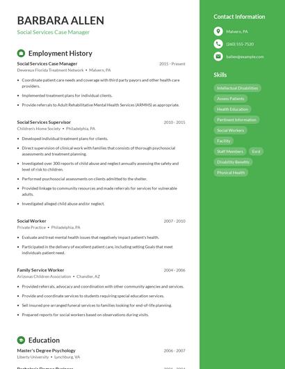 Social Services Case Manager Resume