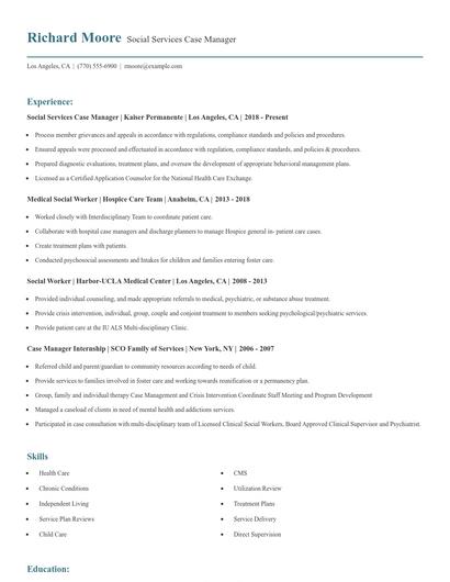 Social Services Case Manager Resume