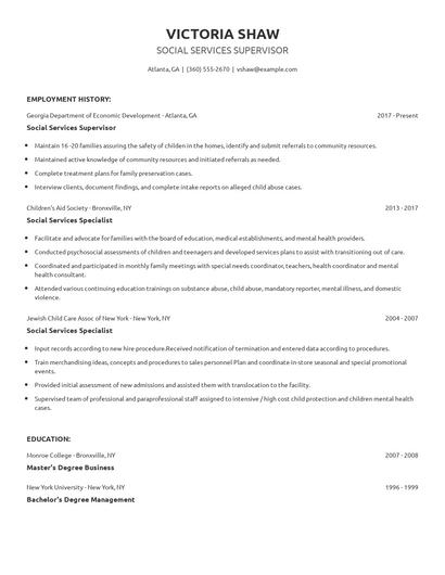 Social Services Supervisor Resume