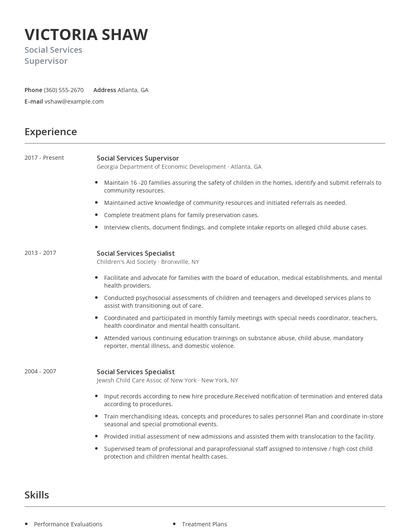 Social Services Supervisor Resume