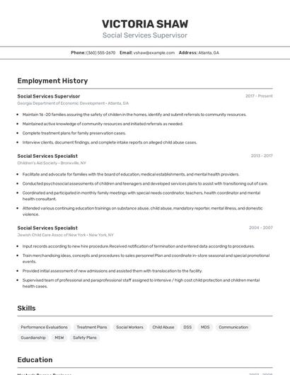 Social Services Supervisor Resume