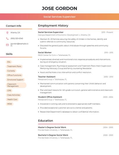 Social Services Supervisor Resume