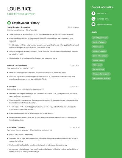 Social Services Supervisor Resume