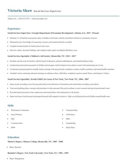 Social Services Supervisor Resume