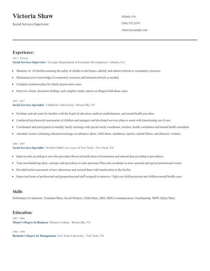 Social Services Supervisor Resume